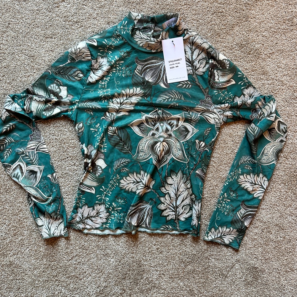 Blue B Mesh Top Size M Teal Long Sleeve Mock Neck Back Keyhole Button Closure